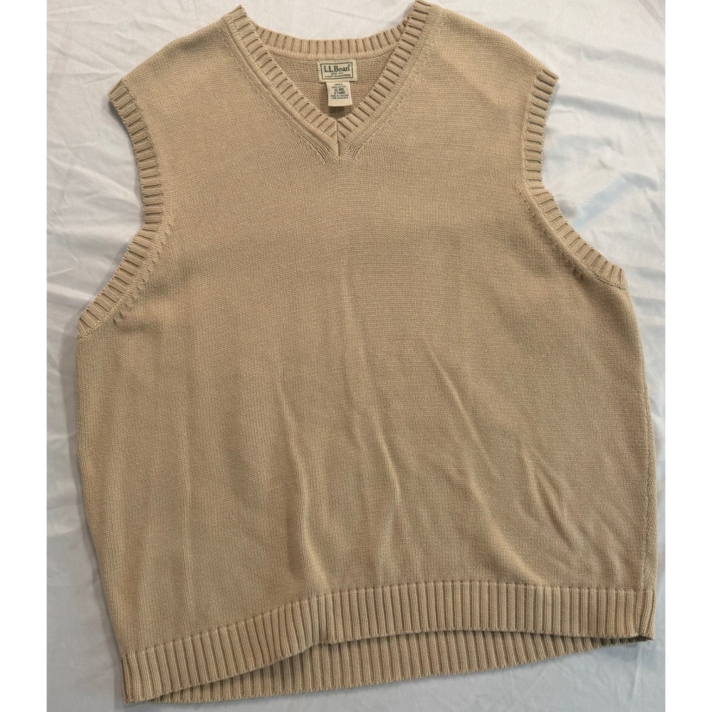 LL Bean Mens XL Tan Beige V-Neck 100% Cotton Shaker Stitch Sweater Vest O FW80